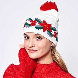 Poinsettia Flower Pom Pom Beanie Hat