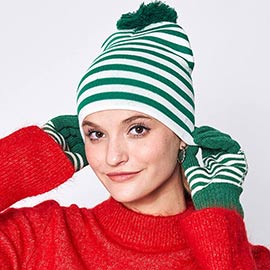 Two Tone Striped Pom Pom Beanie Hat