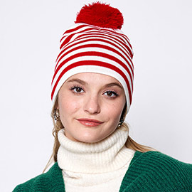 Two Tone Striped Pom Pom Beanie Hat