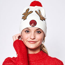 Sequin Embellished Rudolph Pom Pom Beanie Hat