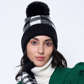 Buffalo Check Patterned Faux Fur Pom Pom Beanie Hat