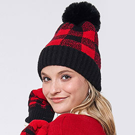 Buffalo Check Patterned Faux Fur Pom Pom Beanie Hat