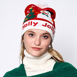 Holly Jolly Message Snowman Christmas Tree Pom Pom Beanie Hat