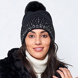 Bling Knit Faux Fur Pom Pom Beanie Hat