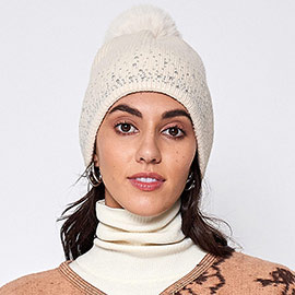 Bling Knit Faux Fur Pom Pom Beanie Hat