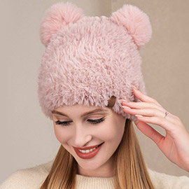 Faux Fur Pom Pom Ear Beanie Hat