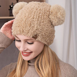 Faux Fur Pom Pom Ear Beanie Hat