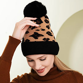 Leopard Patterned Faux Fur Pom Pom Beanie Hat