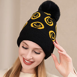 Smile Patterned Faux Fur Pom Pom Beanie Hat