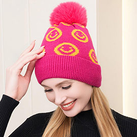 Smile Patterned Faux Fur Pom Pom Beanie Hat