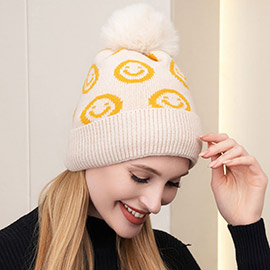 Smile Patterned Faux Fur Pom Pom Beanie Hat