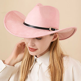 Belt Buckle Faux Leather Band Solid Cowboy Fedora Panama Hat