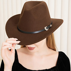 Belt Buckle Faux Leather Band Solid Fedora Panama Hat