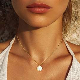 Gold Dipped Rhinestone Trimmed Flower Pendant Necklace