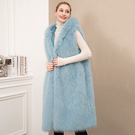 Solid Faux Fur Long Hoodie Vest