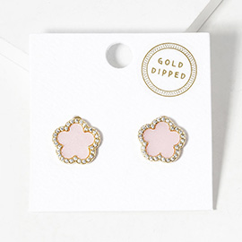 Gold Dipped Rhinestone Trimmed Flower Stud Earrings