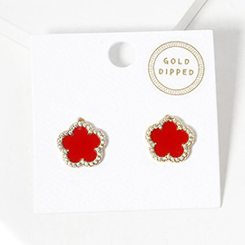 Gold Dipped Rhinestone Trimmed Flower Stud Earrings