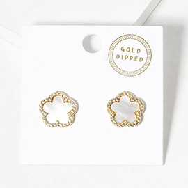 Gold Dipped Rhinestone Trimmed Flower Stud Earrings