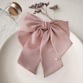 Pearl Rhinestone Embellished Solid Bow Barrette
