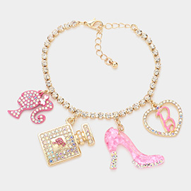 Barbie Pink Perfume Stiletto Heel Heart B Monogram Charm Bracelet