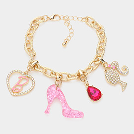 Barbie Pink Heart B Monogram Stiletto Heel Teardrop Stone Charm Bracelet