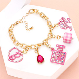 Barbie Pink Heart B Monogram Teardrop Stone Perfume Charm Bracelet