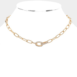Rhinestone Embellished Open Metal Oval Link Necklace