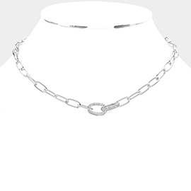 Rhinestone Embellished Open Metal Oval Link Necklace