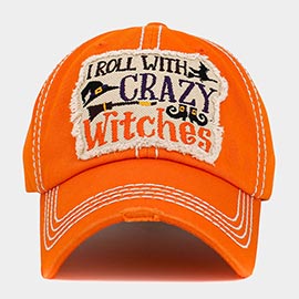 I Roll With Crazy Witches Message Hat Broom Shoes Pointed Vintage Baseball Cap