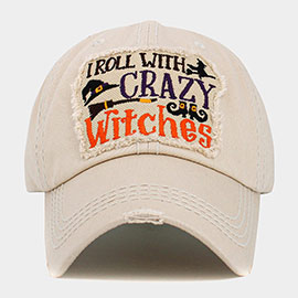 I Roll With Crazy Witches Message Hat Broom Shoes Pointed Vintage Baseball Cap