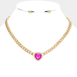 Pearl Trimmed Heart Stone Pendant Necklace