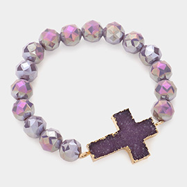 Druzy Cross Accented Faceted Beaded Stretch Bracelet