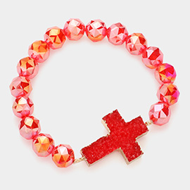 Druzy Cross Accented Faceted Beaded Stretch Bracelet