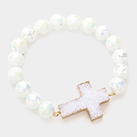 Druzy Cross Accented Faceted Beaded Stretch Bracelet