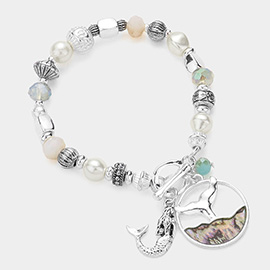 Abalone Whale Tail Mermaid Charm Beaded Stretch Toggle Bracelet