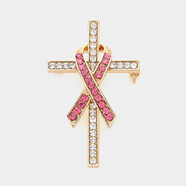 Rhinestone Embellished Pink Ribbon Accented Cross Pin Brooch