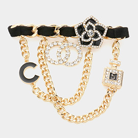 Draped C Monogram Double Open Circle Link Perfume Flower Pin Brooch