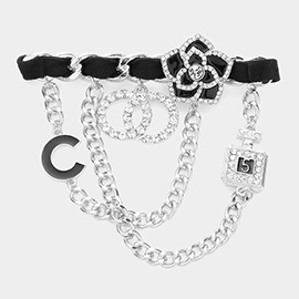 Draped C Monogram Double Open Circle Link Perfume Flower Pin Brooch