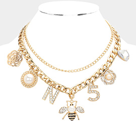 Flower Pearl N Monogram Honey Bee No.5 Heart Pendant Station Double Layered Necklace