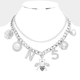 Flower Pearl N Monogram Honey Bee No.5 Heart Pendant Station Double Layered Necklace