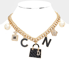 Pearl Stone Embellished Perfume C D N Monogram Bag Flower Pendant Station Double Layered Necklace