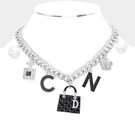 Pearl Stone Embellished Perfume C D N Monogram Bag Flower Pendant Station Double Layered Necklace