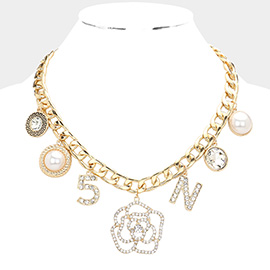 Round Stone Pearl No. 5 Flower Pendant Station Necklace