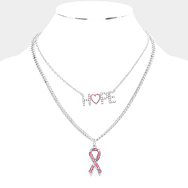 Hope Message Pink Ribbon Pendant Double Layered Necklace