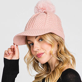 Chevron Patterned Faux Fur Pom Pom Knit Cap