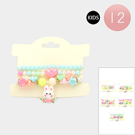 12 Set of 3 - Bunny Charm Flower Heart Beaded Stretch Kids Bracelets