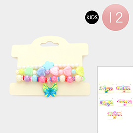 12 Set of 3 - Butterfly Charm Flower Heart Beaded Stretch Kids Bracelets