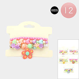 12 Set of 3 - Flower Charm Heart Beaded Stretch Kids Bracelets