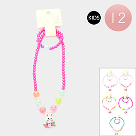 12PCS - Bunny Pendant Beaded Stretch Kids Necklaces