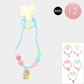 12PCS - Unicorn Pendant Heart Beaded Stretch Kids Necklaces